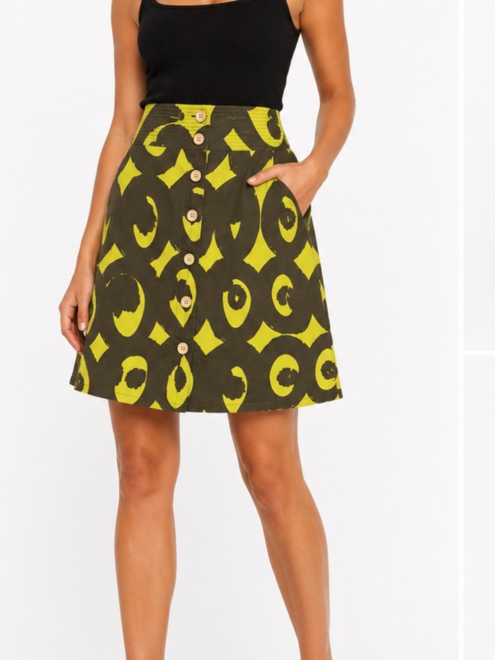 Marimekko for Anthropologie Size 8 Lime Green & Olive Button Front Pocket Skirt - Picture 7 of 7